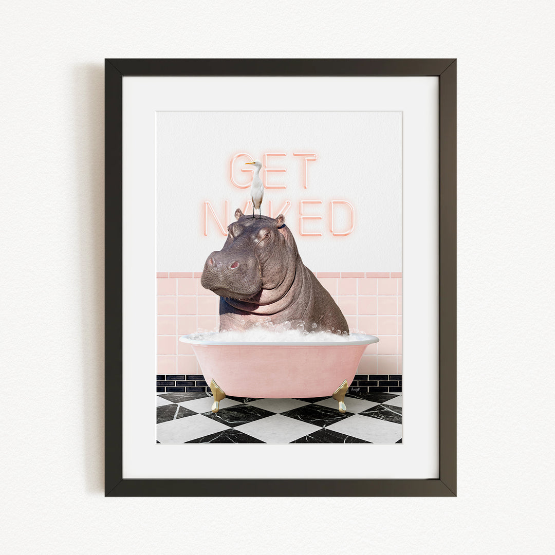 A framed image depicting a hippopotamus sitting in a pink bathtub, with a bird perched on its head. The text "GET NICKED" is displayed above the hippopotamus.