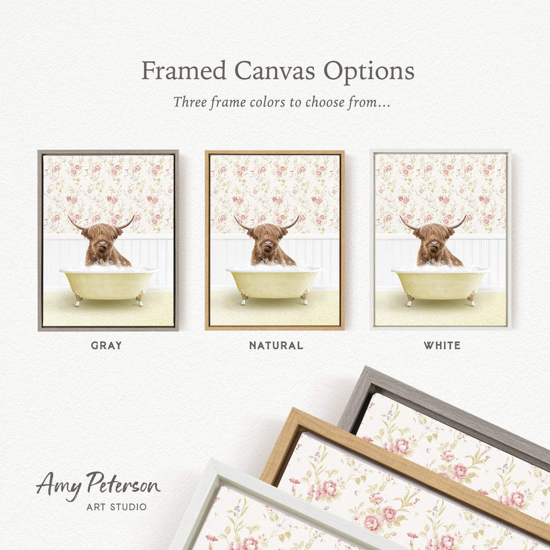 three framed canvas options, each featuring a brown cow with horns in a bathtub, set against different floral patterns.