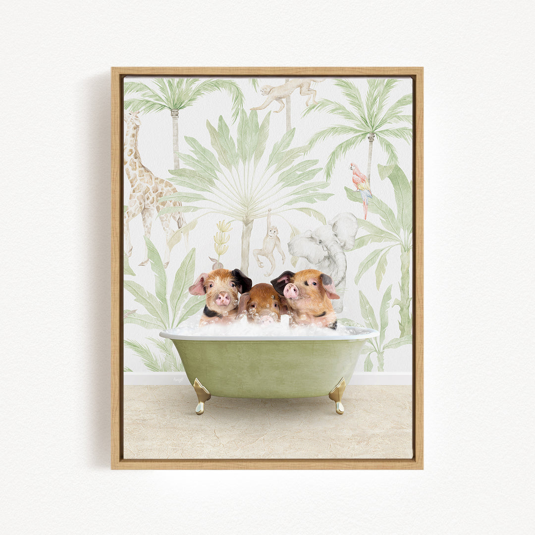 Three adorable pigs sitting in a green bathtub, surrounded by a tropical jungle wallpaper.