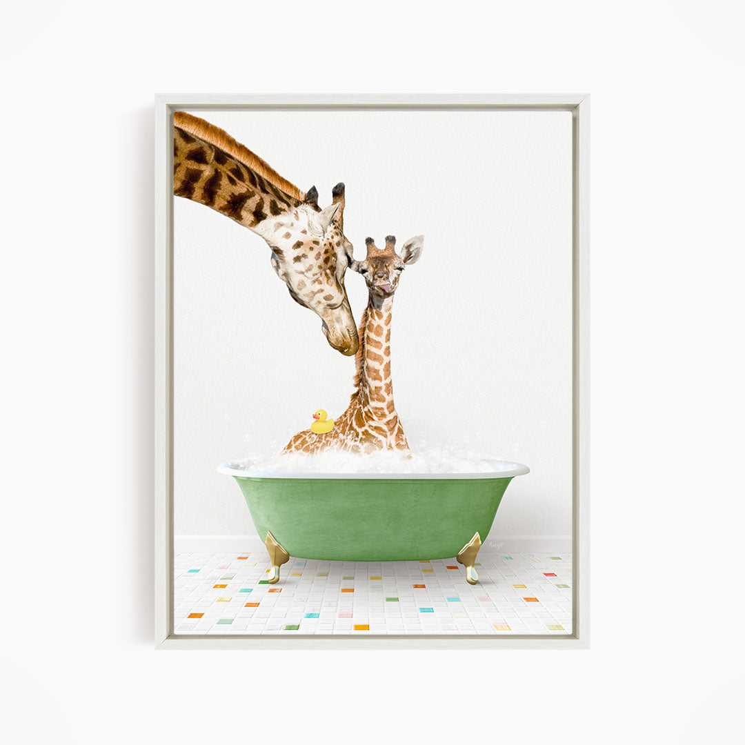 A mother giraffe and her baby giraffe are enjoying a bath together in a green tub, surrounded by colorful tiles on the floor.