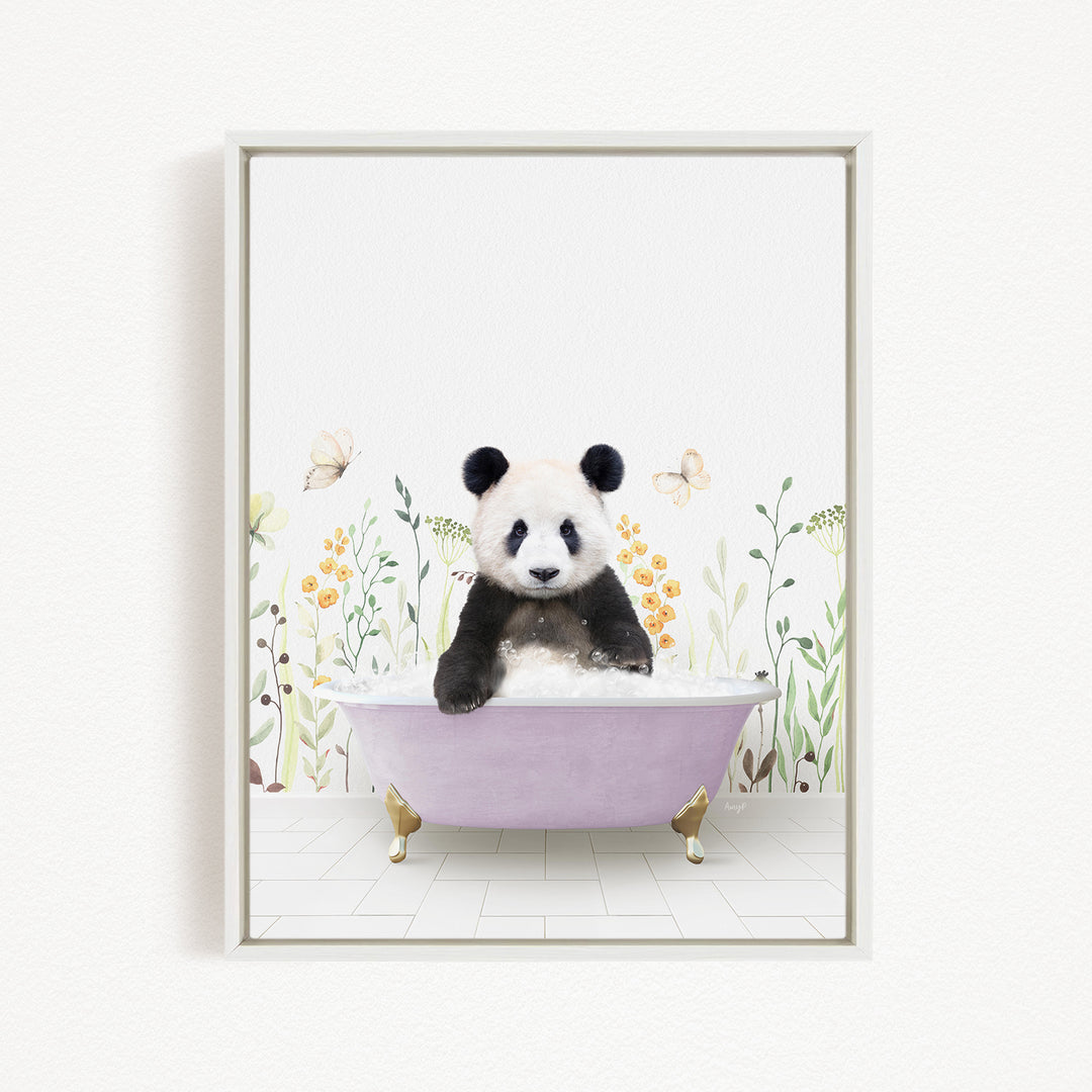 A panda bear sitting in a bathtub filled with bubbles, surrounded by flowers and butterflies.