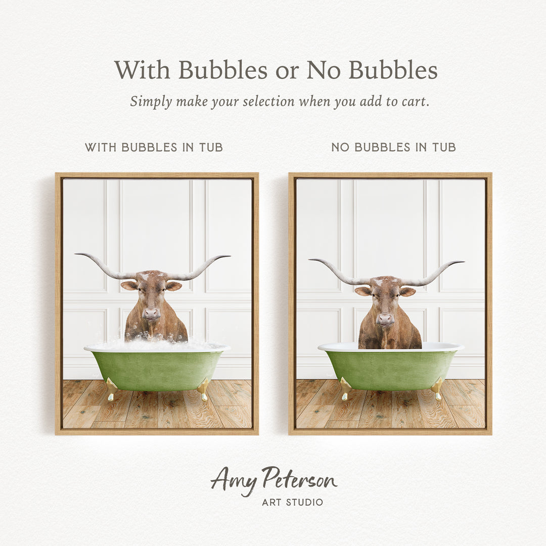 The image is a collage of two framed pictures, each featuring a bull with horns in a bathtub. The bull in the green tub has bubbles, while the bull in the tub without bubbles is depicted in a plain white tub.