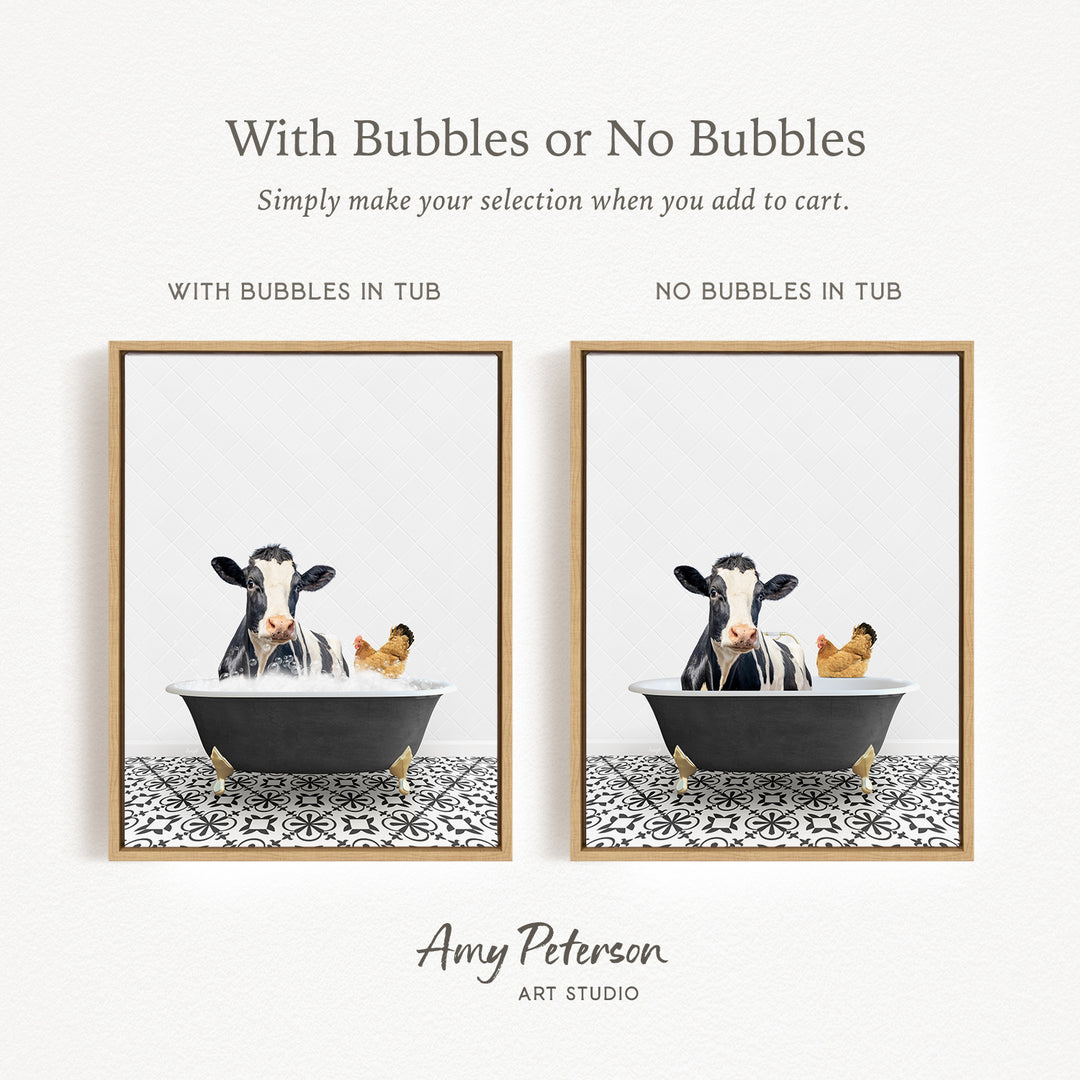The image is a collage of two framed pictures, each depicting a cow and a chicken in a bathtub. The cow is sitting in the tub with bubbles, while the chicken is sitting in the tub without bubbles. The text above the images reads "With Bubbles or No Bubbles Simply make your selection when you add to cart."