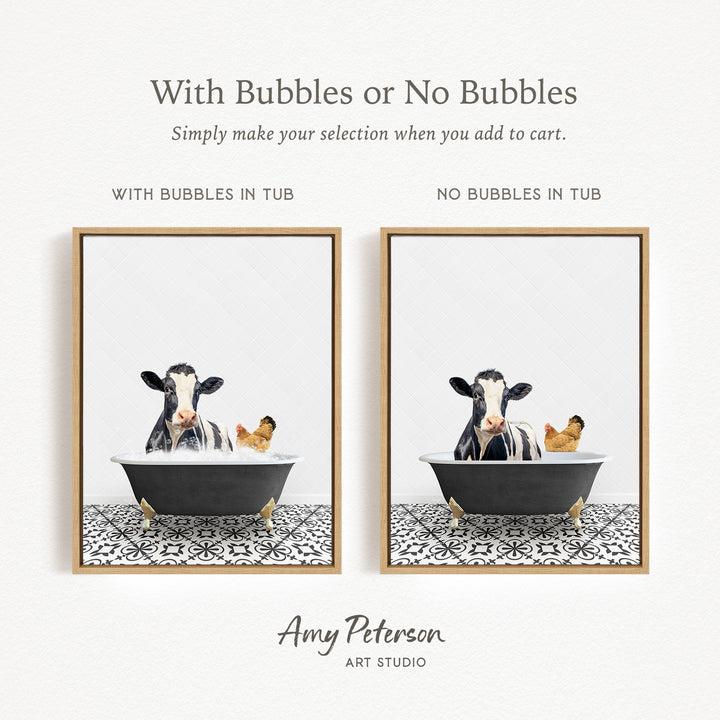 The image is a collage of two framed pictures, each depicting a cow and a chicken in a bathtub. The cow is sitting in the tub with bubbles, while the chicken is sitting in the tub without bubbles. The text above the images reads "With Bubbles or No Bubbles Simply make your selection when you add to cart."