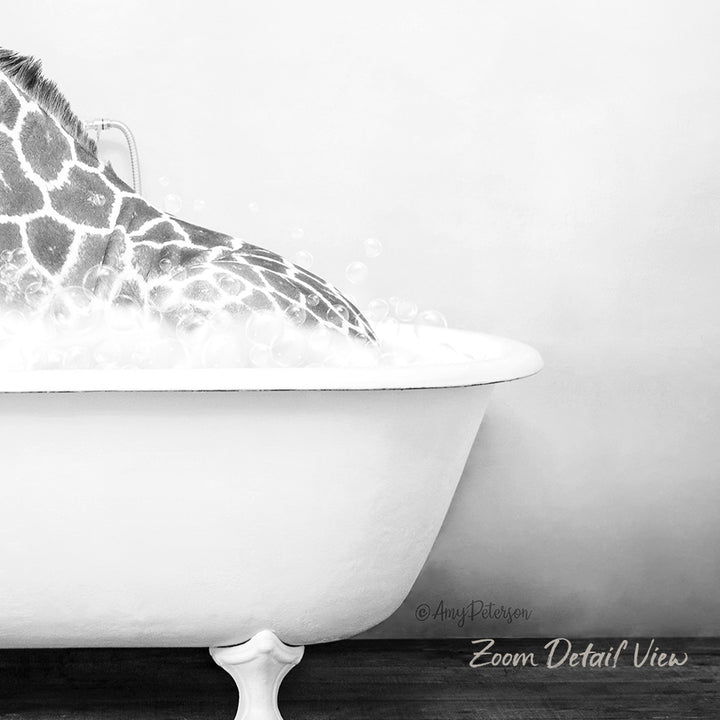 A giraffe is sitting in a bathtub filled with water, creating a whimsical and playful scene.