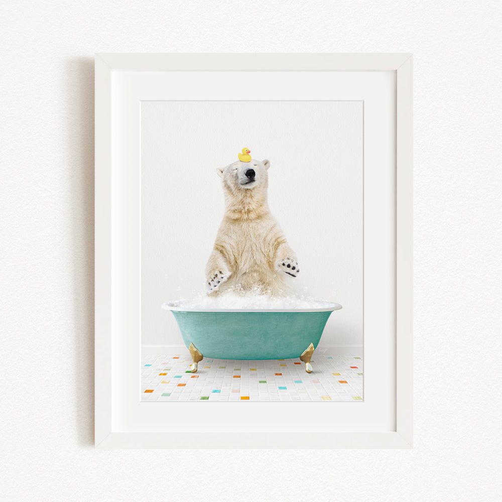 A polar bear standing in a bathtub filled with bubbles, with a yellow rubber duck floating on its head.