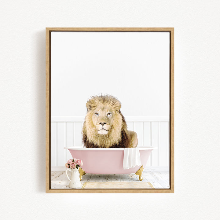 A lion sits in a pink bathtub, surrounded by a vase of flowers and a white towel, creating a whimsical and charming scene.