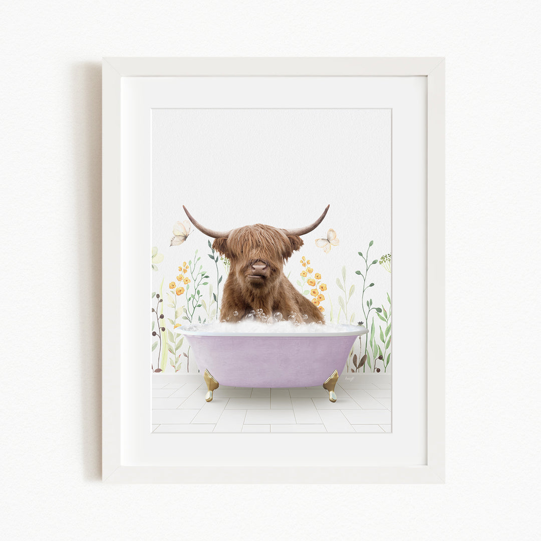 A brown cow with horns is sitting in a purple bathtub filled with bubbles, surrounded by flowers and butterflies.