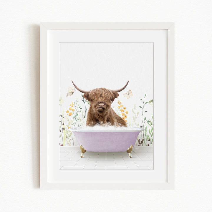 A brown cow with horns is sitting in a purple bathtub filled with bubbles, surrounded by flowers and butterflies.