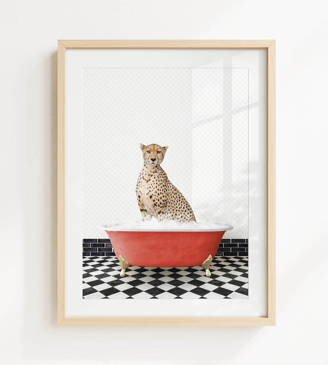A cheetah sitting in a red bathtub filled with water, surrounded by a black and white checkered floor.