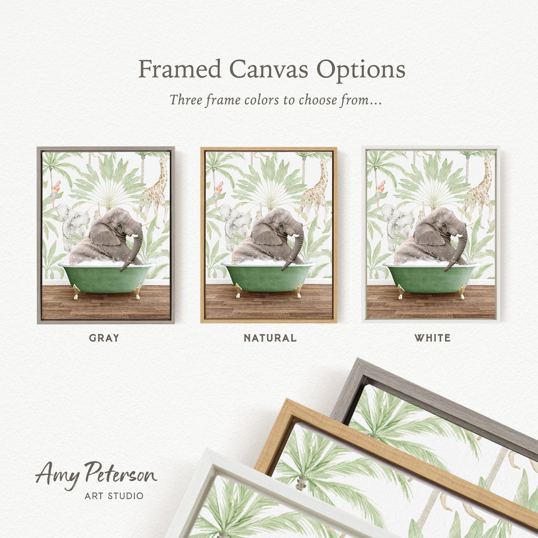 three framed canvas options featuring a gray elephant sitting in a green bathtub, with different frame colors: gray, natural, and white.