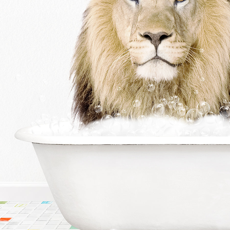 a lion sitting in a bathtub with foam on it