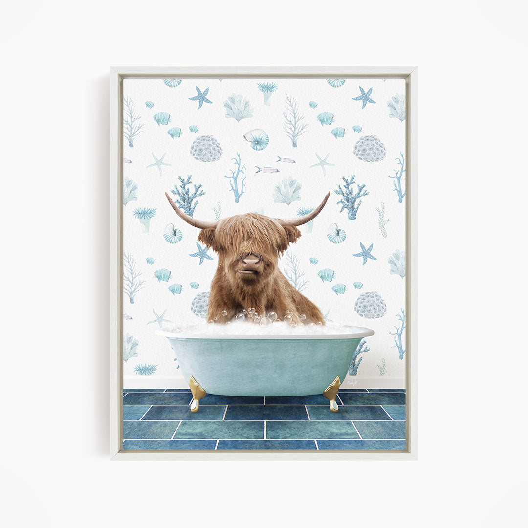 A brown cow with horns is sitting in a blue bathtub filled with bubbles, surrounded by a pattern of seashells and starfish.