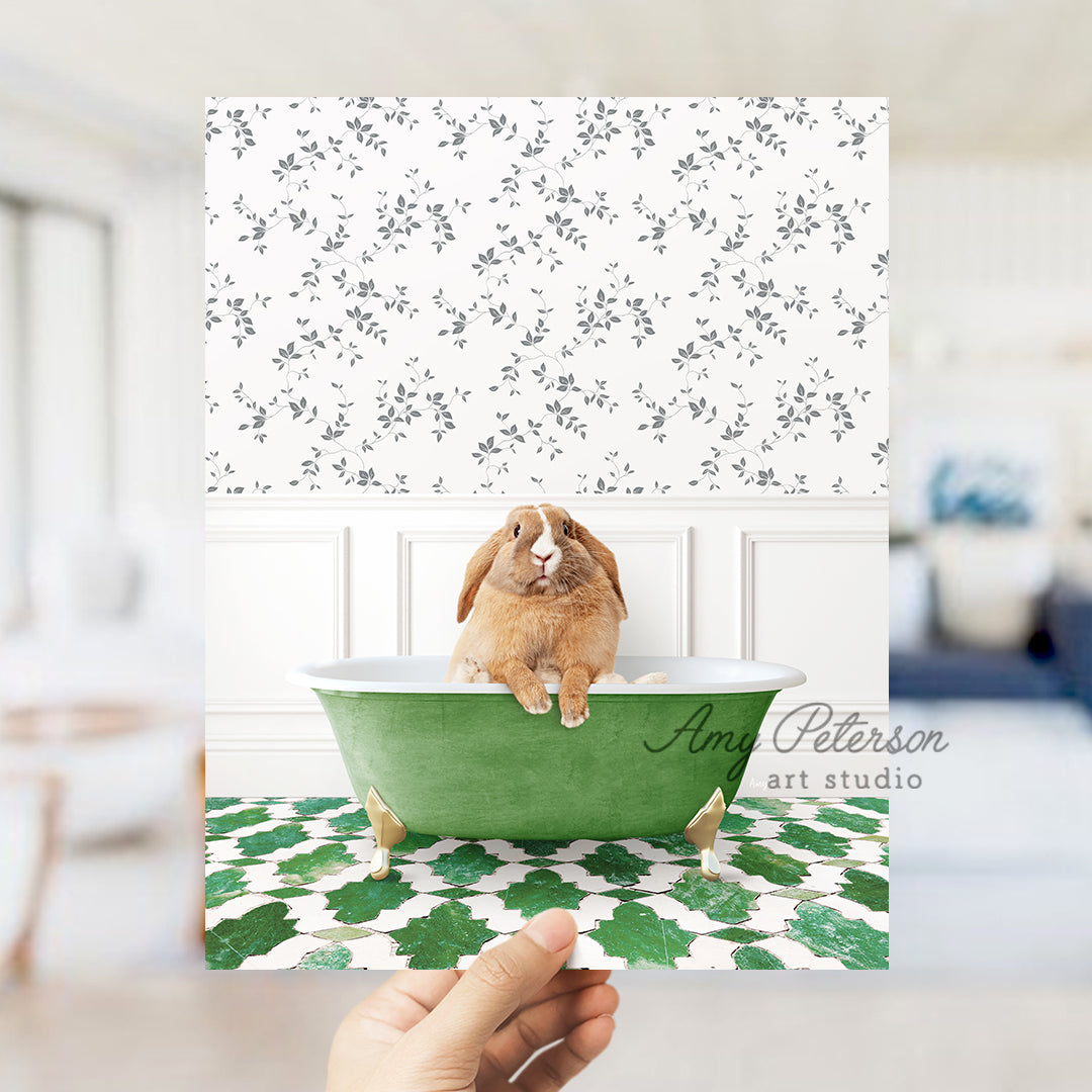 a person holding a card with a picture of a rabbit in a bathtub