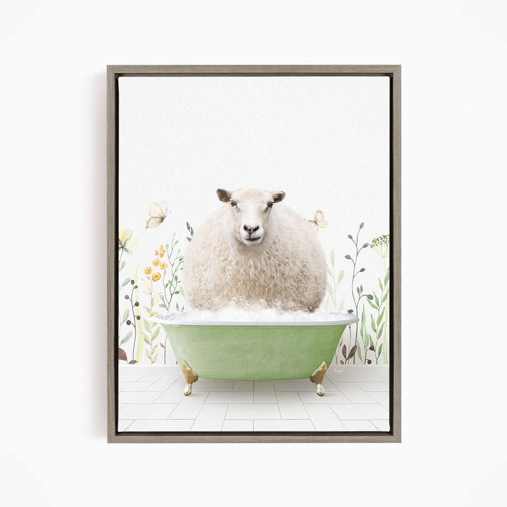 A fluffy white sheep sits in a green bathtub, surrounded by flowers and butterflies, creating a whimsical and serene scene.