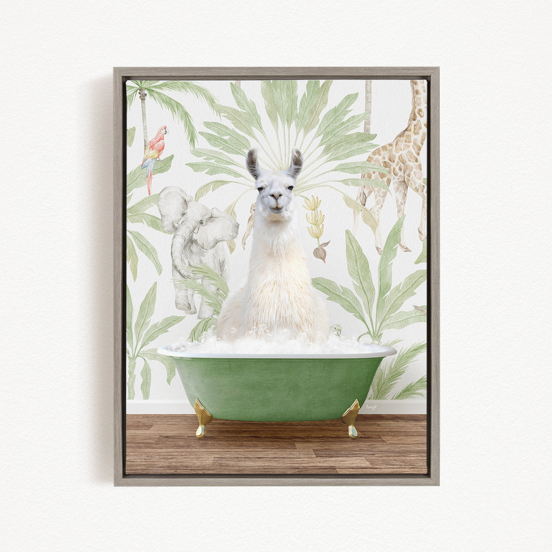 A white llama sitting in a green bathtub, surrounded by tropical foliage and animals, including a giraffe and a parrot.