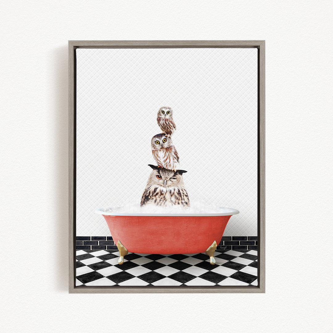 A framed image depicting three owls sitting in a red bathtub, with a black and white checkered floor in the background.
