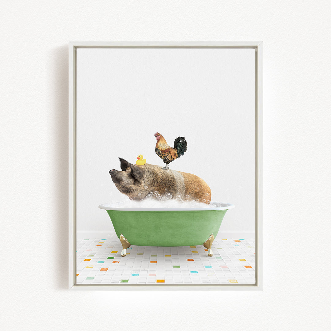 A pig is sitting in a green bathtub, surrounded by a chicken and a duck, creating a whimsical and playful scene.