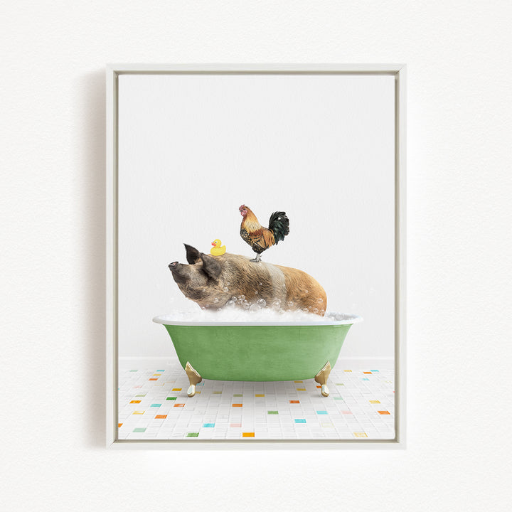 A pig is sitting in a green bathtub, surrounded by a chicken and a duck, creating a whimsical and playful scene.