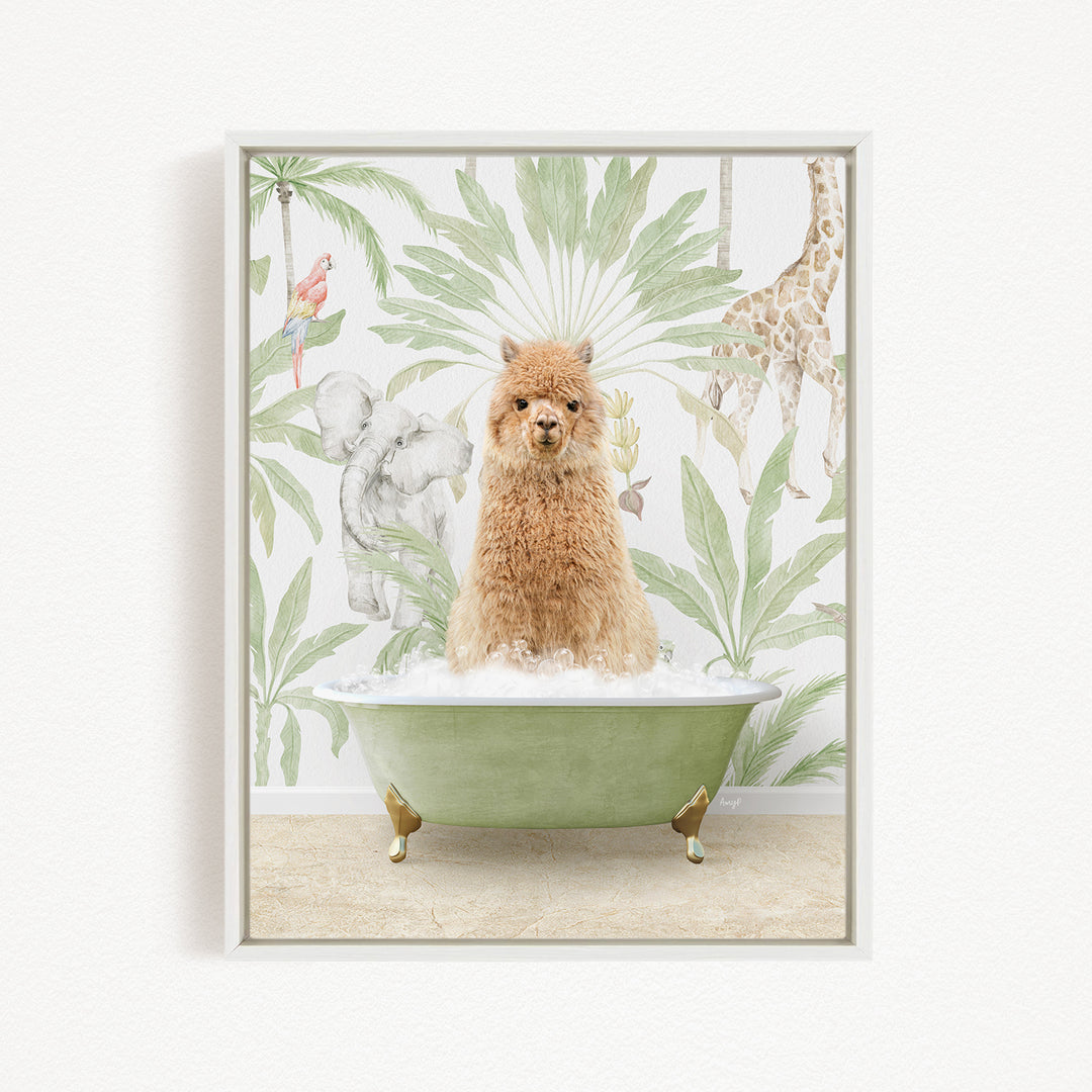 A fluffy brown dog is sitting in a green bathtub filled with bubbles, surrounded by tropical plants and animals, such as a giraffe and a parrot, against a white background.