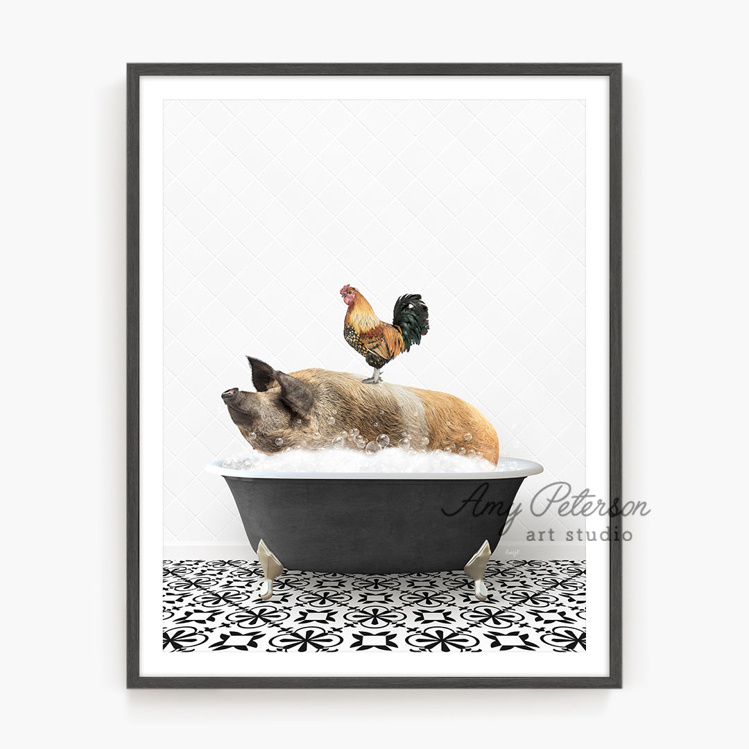 a dog taking a bath in a bathtub with a rooster on top of it