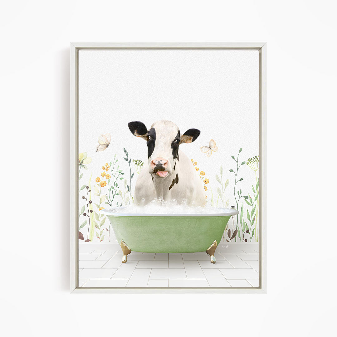 A cow is sitting in a green bathtub filled with water, surrounded by flowers and butterflies.