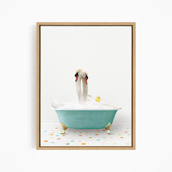 A white swan standing in a blue bathtub filled with bubbles, with a yellow rubber duck floating nearby.