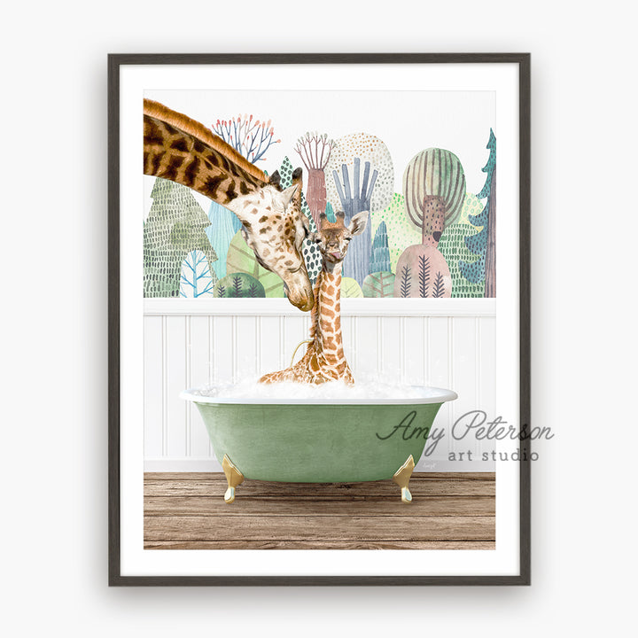 a picture of a giraffe and a baby giraffe in a bath