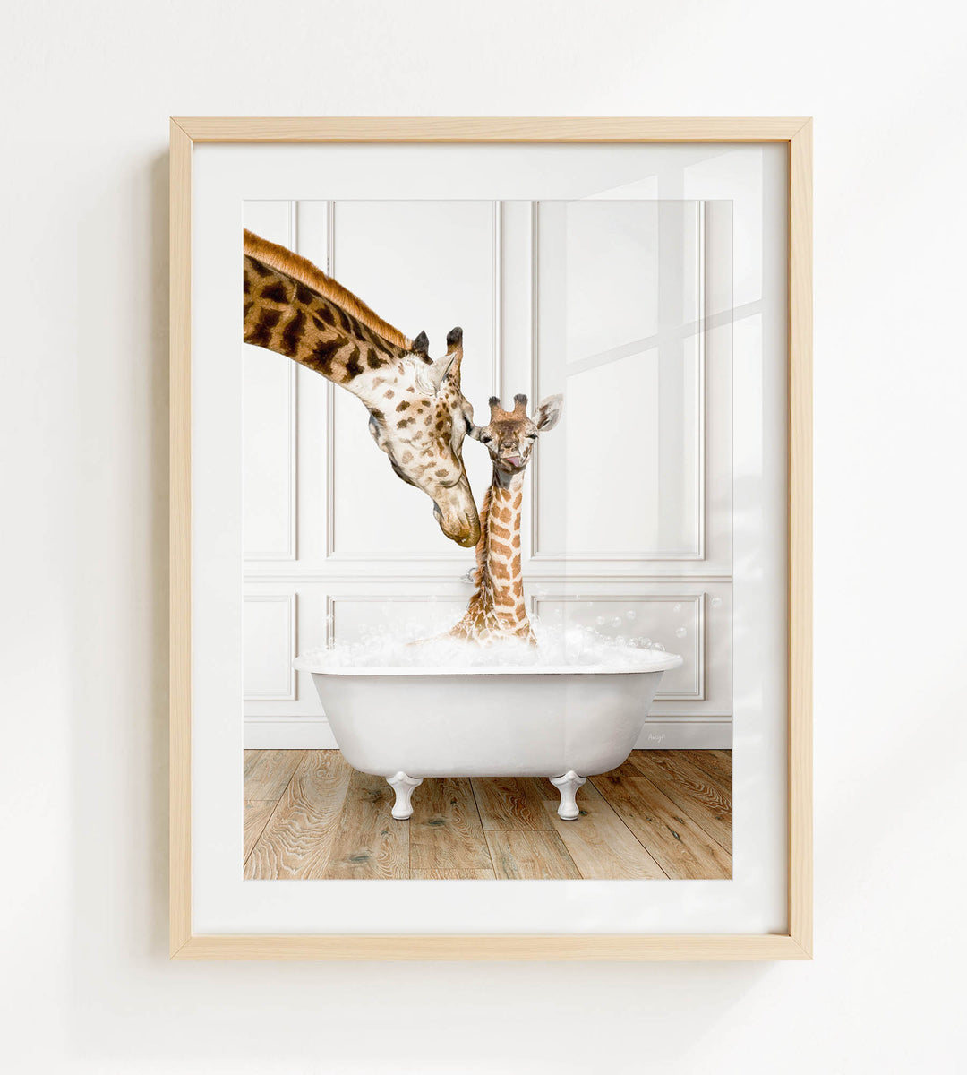 A mother giraffe and her baby giraffe are enjoying a relaxing bath together in a white bathtub, with the mother gently licking her baby.
