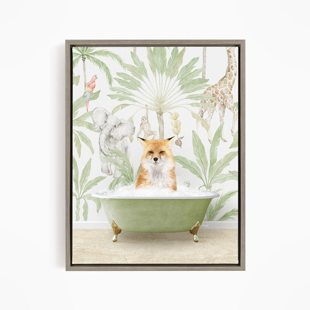 A fox is sitting in a green bathtub filled with water, surrounded by various animals such as a giraffe, elephant, and parrot, all set against a tropical wallpaper background.
