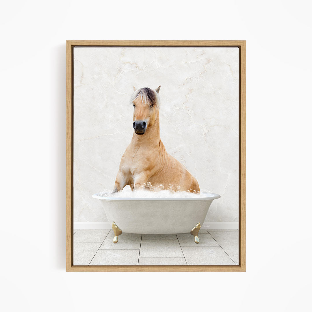 A light brown horse is sitting in a white bathtub filled with water, creating a whimsical and playful scene.