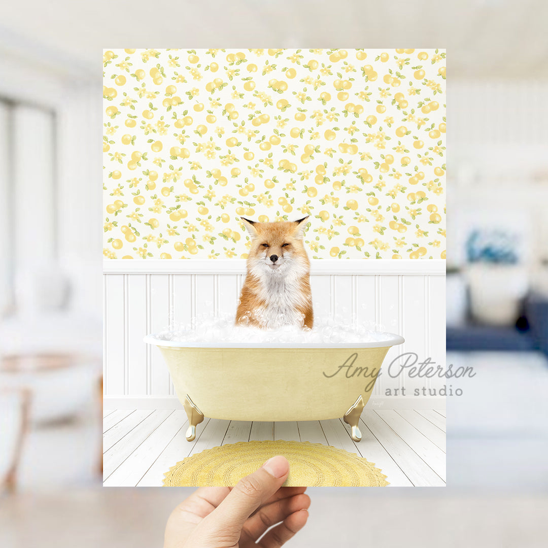 a person holding up a card with a picture of a dog in a bathtub