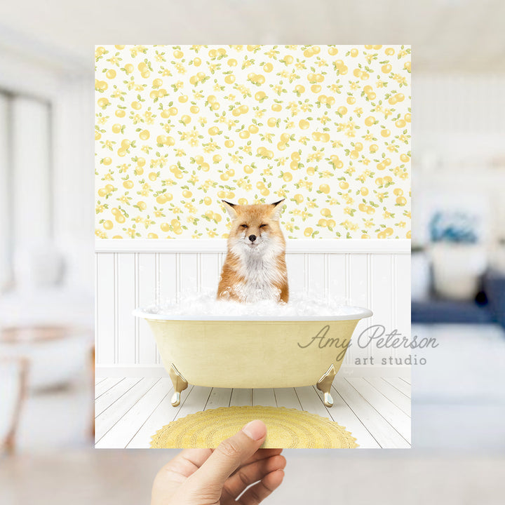 a person holding up a card with a picture of a dog in a bathtub