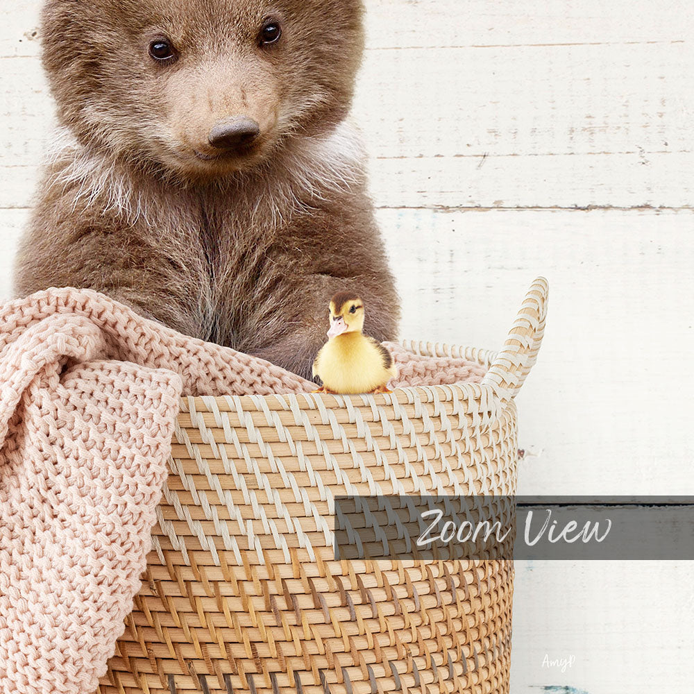 A brown bear sits in a woven basket, with a small yellow duck perched on its lap.