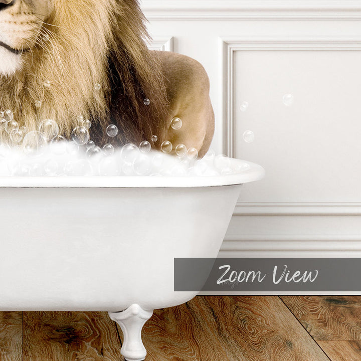 A close-up of a lion's head partially submerged in a bathtub filled with bubbles, with the text "Zoom View" visible.