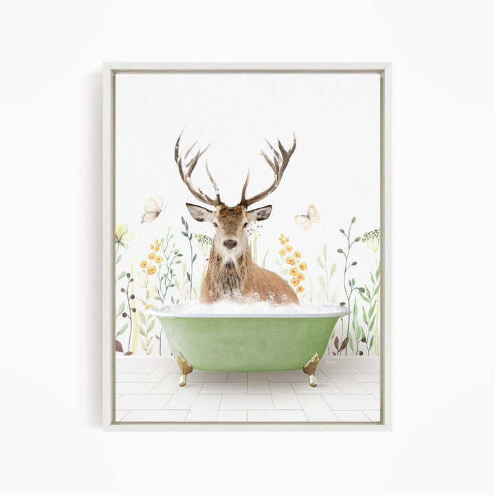 A deer with antlers is sitting in a green bathtub, surrounded by flowers and butterflies.