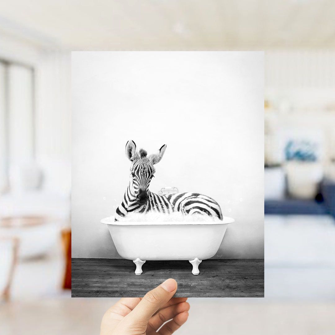 A zebra lying in a white bathtub, surrounded by a black and white background.