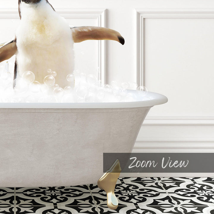 A penguin standing in a bathtub filled with bubbles, with a black and white patterned floor in the foreground.