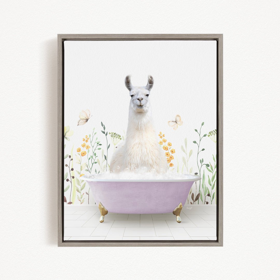 A white llama sitting in a pink bathtub filled with bubbles, surrounded by flowers and butterflies.