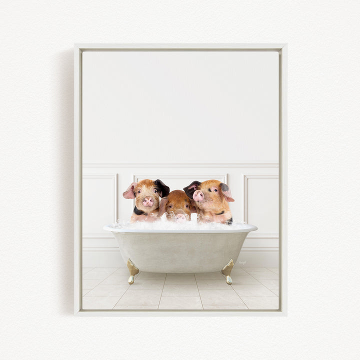 Three adorable pigs sitting in a white bathtub, enjoying a relaxing bath.