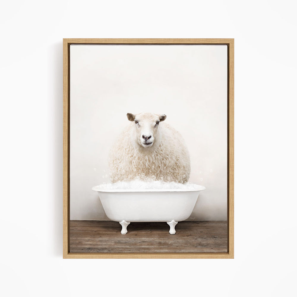 A fluffy white sheep sits in a white bathtub filled with bubbles, looking directly at the camera.