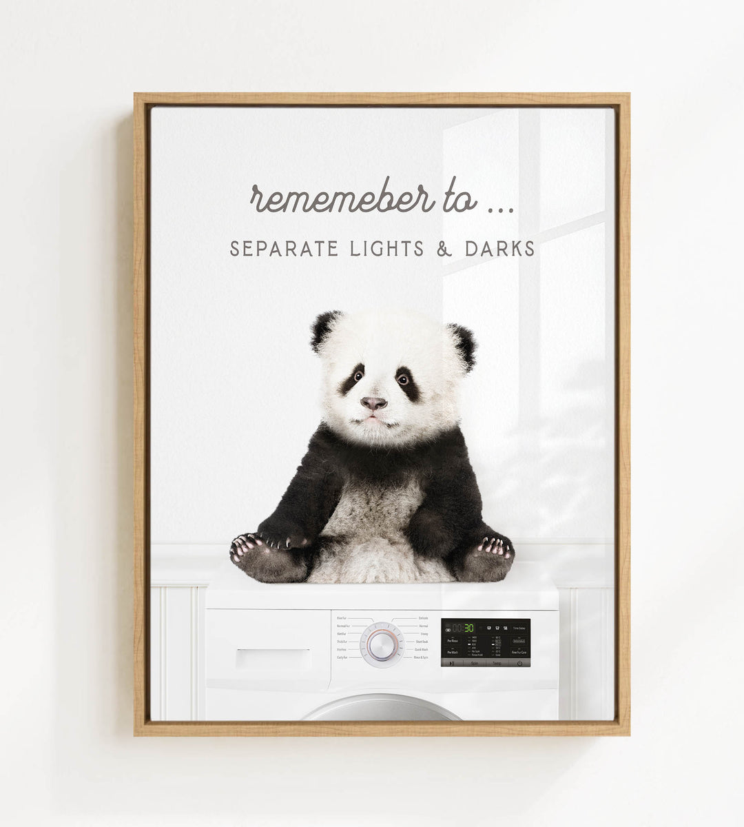 A panda bear sitting on a washing machine, with the text "Remember to separate lights & darks" displayed above the image.