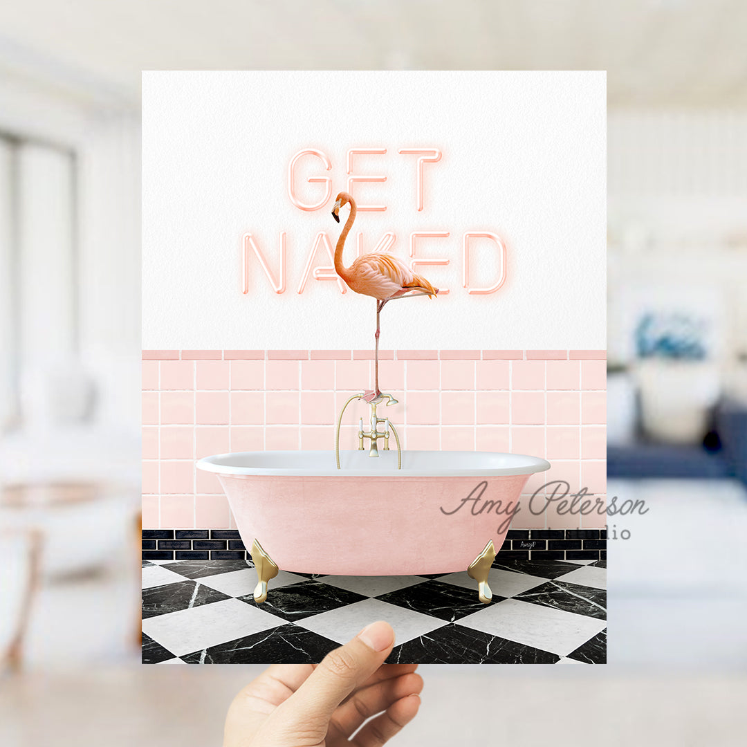 a person holding a card with a flamingo in a bathtub