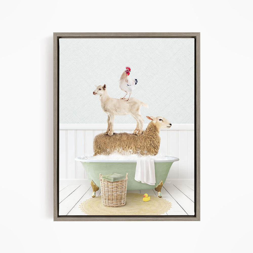 A framed image depicting a sheep standing on a tub filled with water, with a chicken perched on top of it, and a lamb sitting on the edge of the tub.