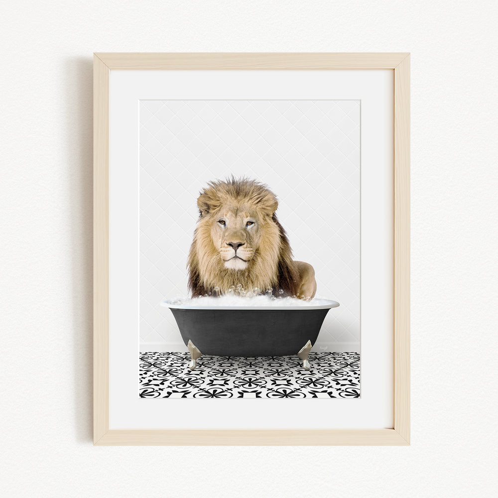 A lion sitting in a bathtub filled with water, surrounded by a black and white patterned floor.