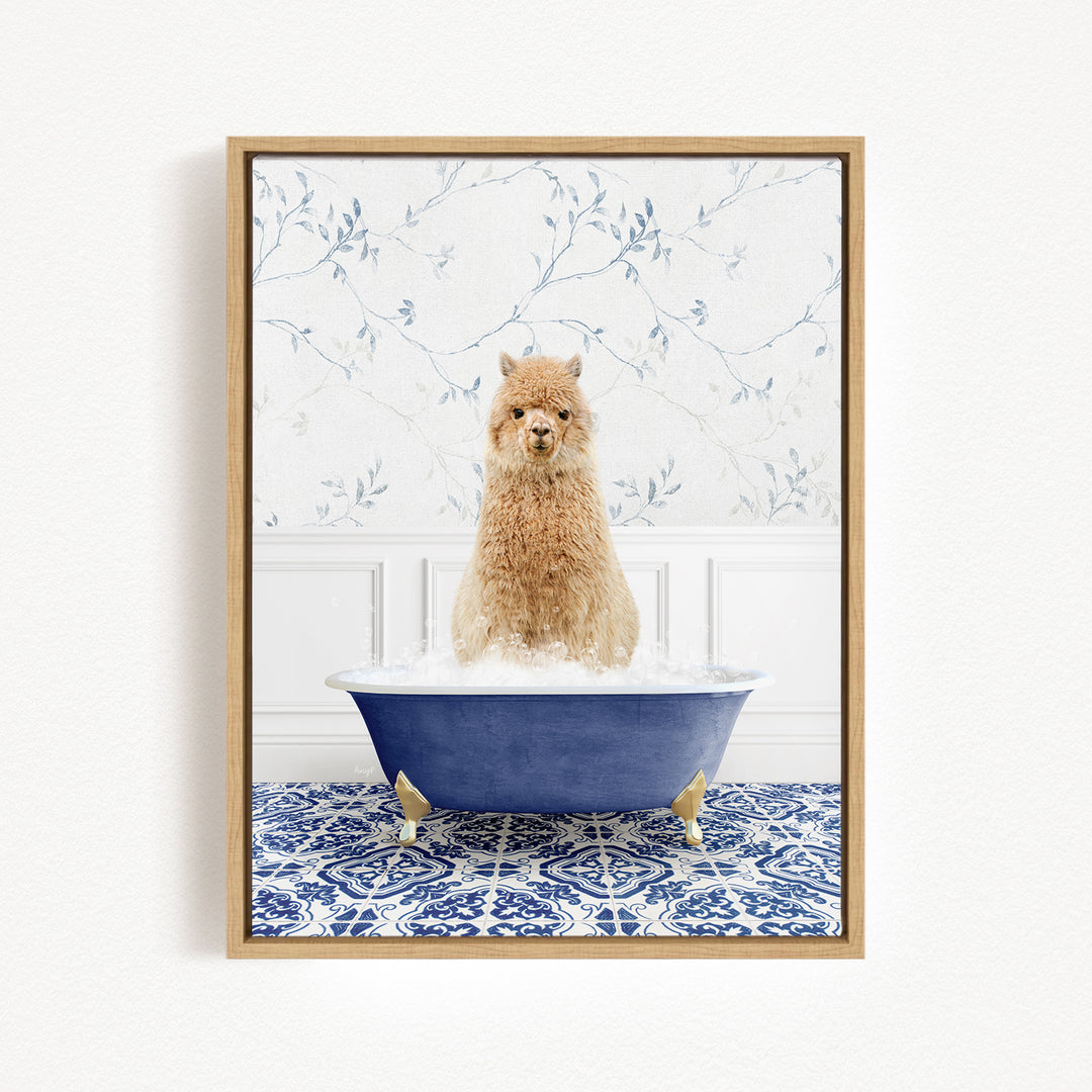 A fluffy brown dog sitting in a blue bathtub filled with bubbles, surrounded by a blue and white patterned tile floor.
