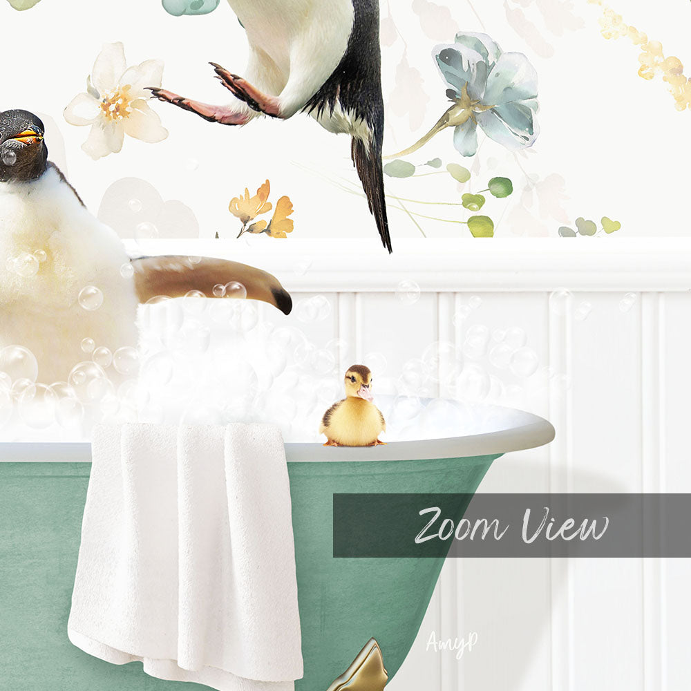 A baby duck sitting in a bathtub filled with bubbles, surrounded by a colorful floral wallpaper.