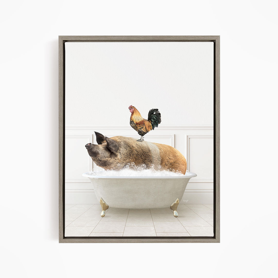 A rooster sits atop a pig in a bathtub filled with water, creating a whimsical and humorous scene.
