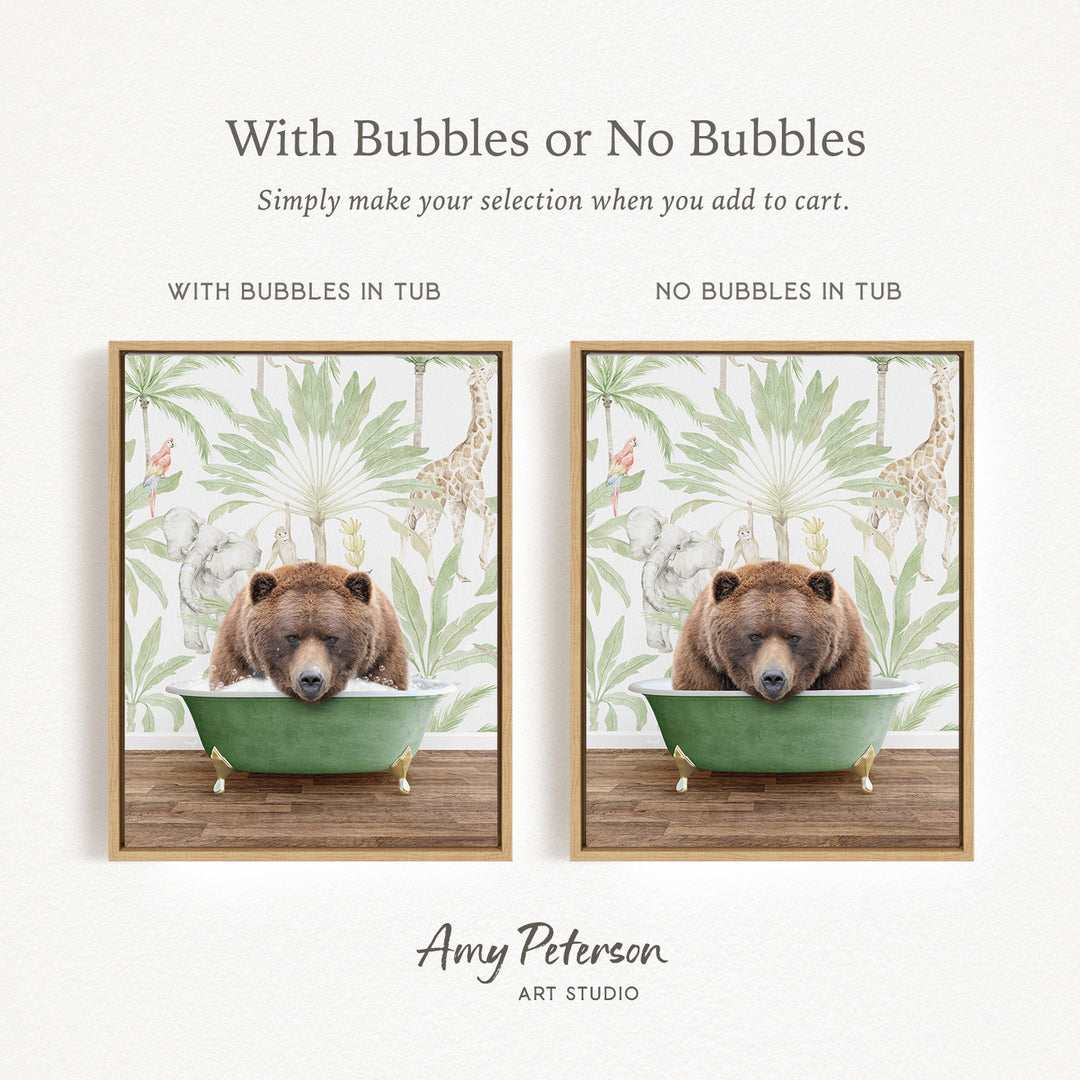 The image is a collage of two framed pictures, each featuring a brown bear sitting in a green tub. The text above the images reads "With Bubbles or No Bubbles" and below the images, it says "Simply make your selection when you add to cart."