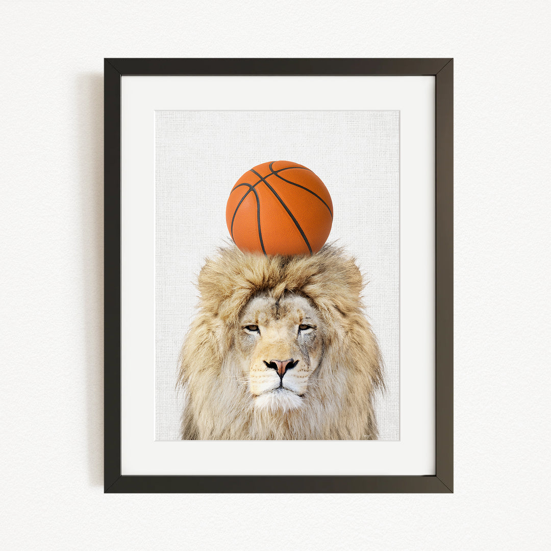 A framed image of a lion with a basketball on its head.